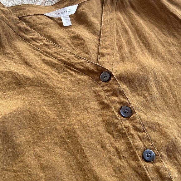 European Flax Linen Button-Up Short Sleeve Blouse Women's M Camel Minimalist Top - Picture 7 of 9